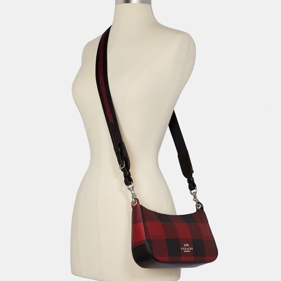 New Coach Jes Baguette With Buffalo Plaid Purse/Coated Canvas/Red-Black - Picture 4 of 12